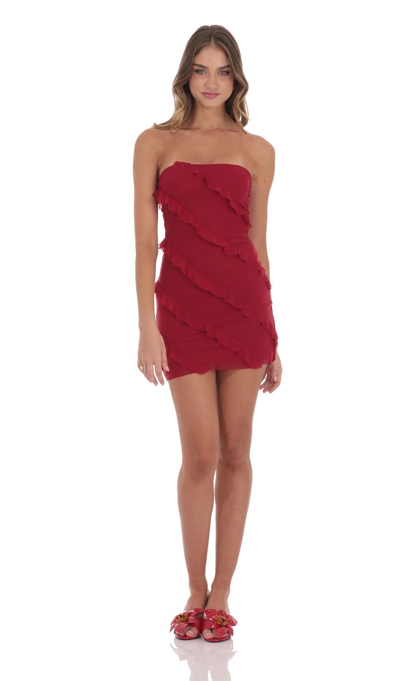 Mesh Strapless Ruffle Dress in Red - luluinthesky