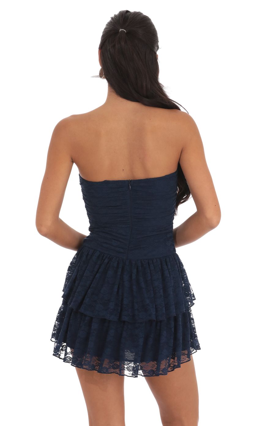 Lace Strapless Ruched Ruffle Dress in Navy - luluinthesky