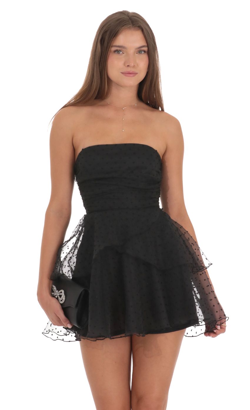 Dotted Petal Ruffle Strapless Dress in Black - luluinthesky