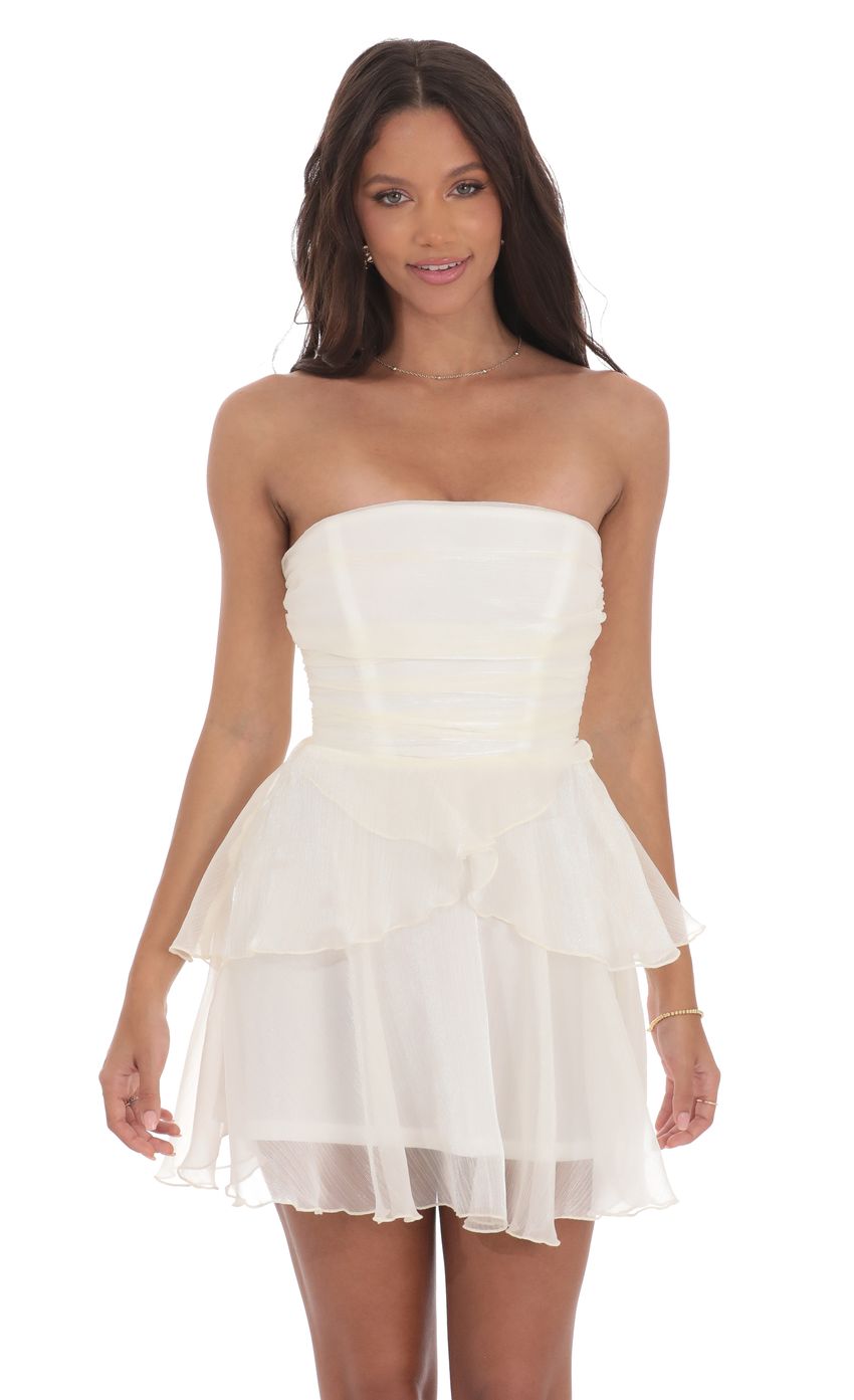 Shimmer Petal Ruffle Strapless Dress in Ivory - luluinthesky