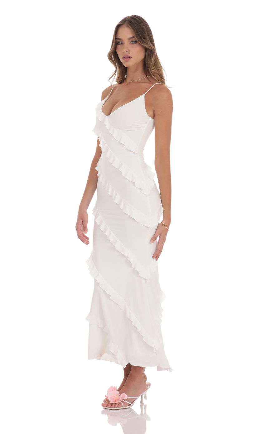 Ruffle V-Neck Maxi Dress in White - luluinthesky