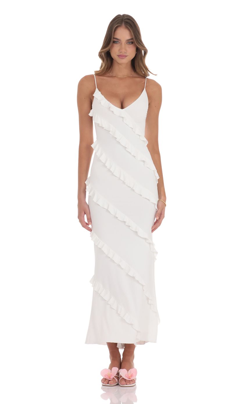 Ruffle V-Neck Maxi Dress in White - luluinthesky