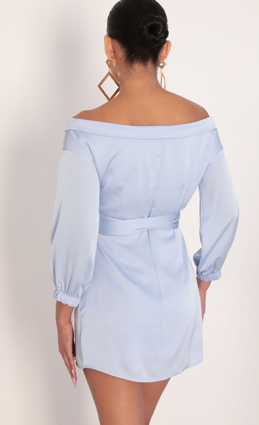 Lorella Off Shoulder Wrap Dress in Dusty Blue - luluinthesky