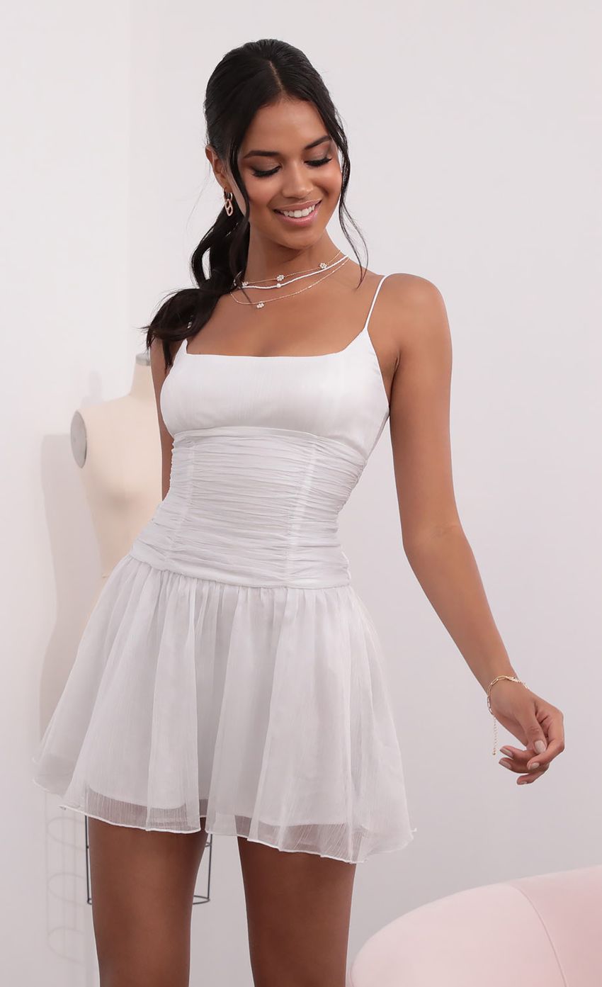 Ruched Waist Chiffon Dress in White - luluinthesky