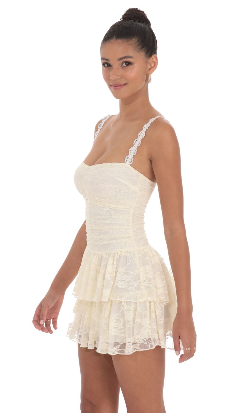 Lace Ruched Ruffle Dress in Cream - luluinthesky