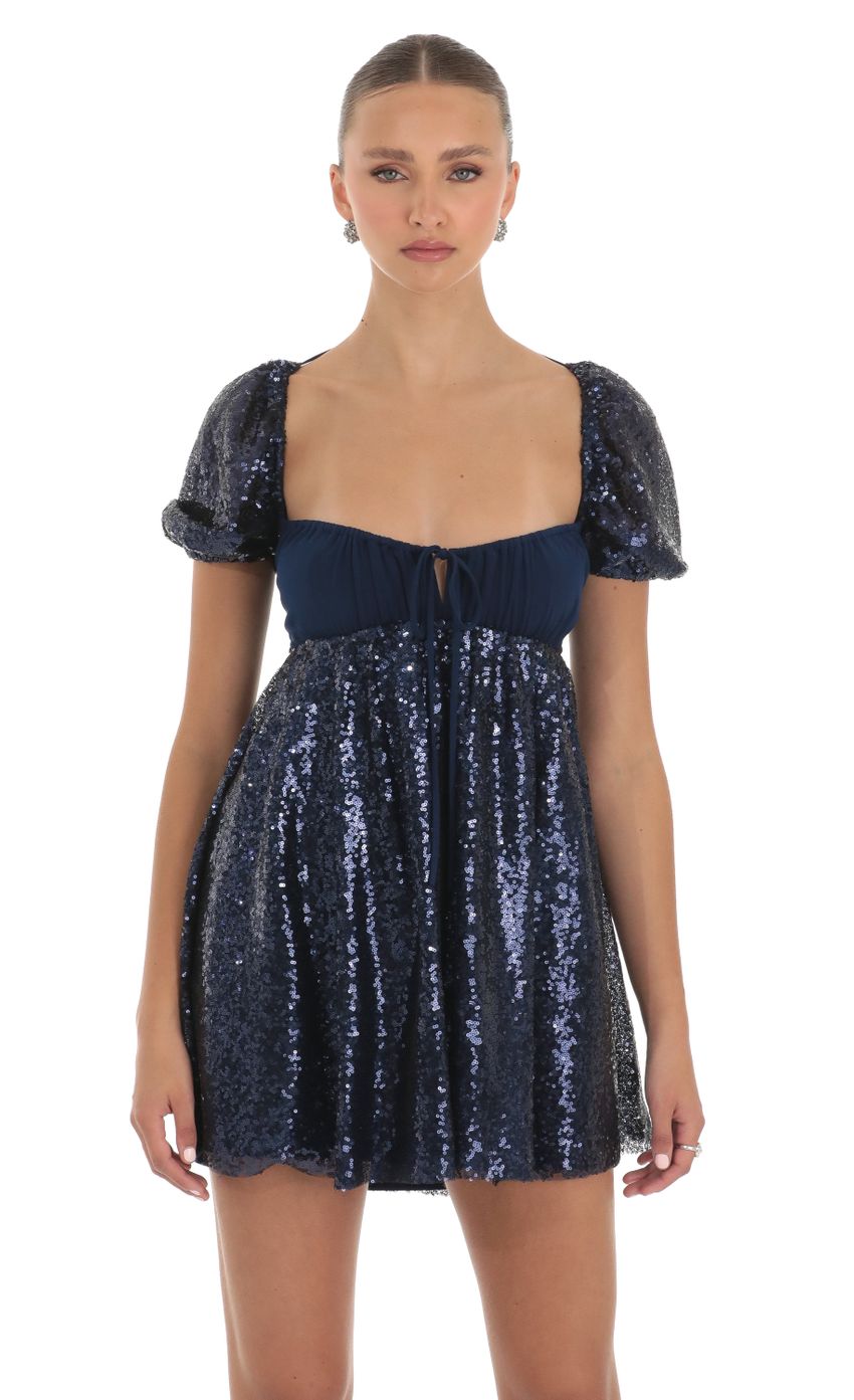 Sequin Puff Sleeve Baby Doll Dress in Navy - luluinthesky