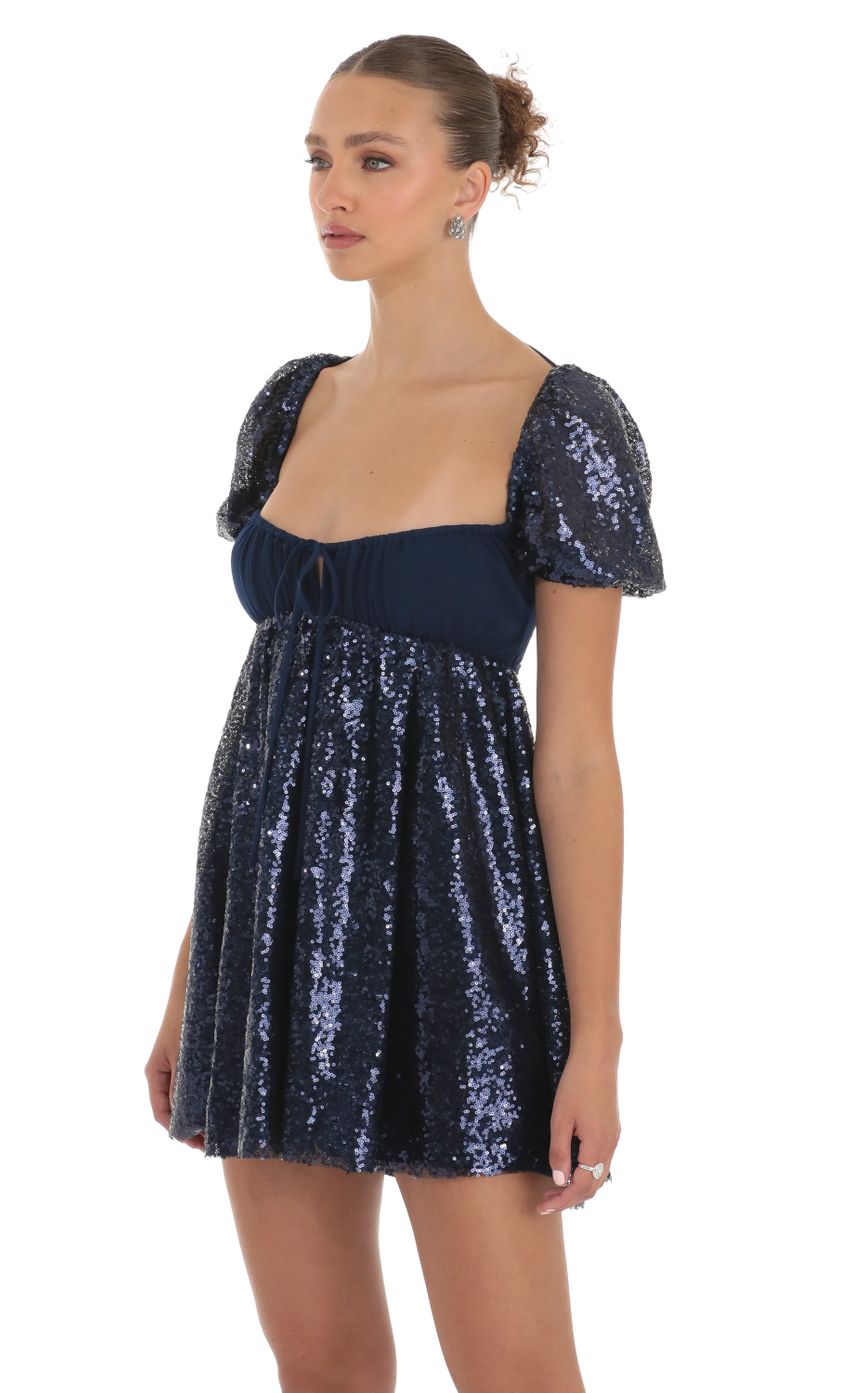 Sequin Puff Sleeve Baby Doll Dress in Navy - luluinthesky