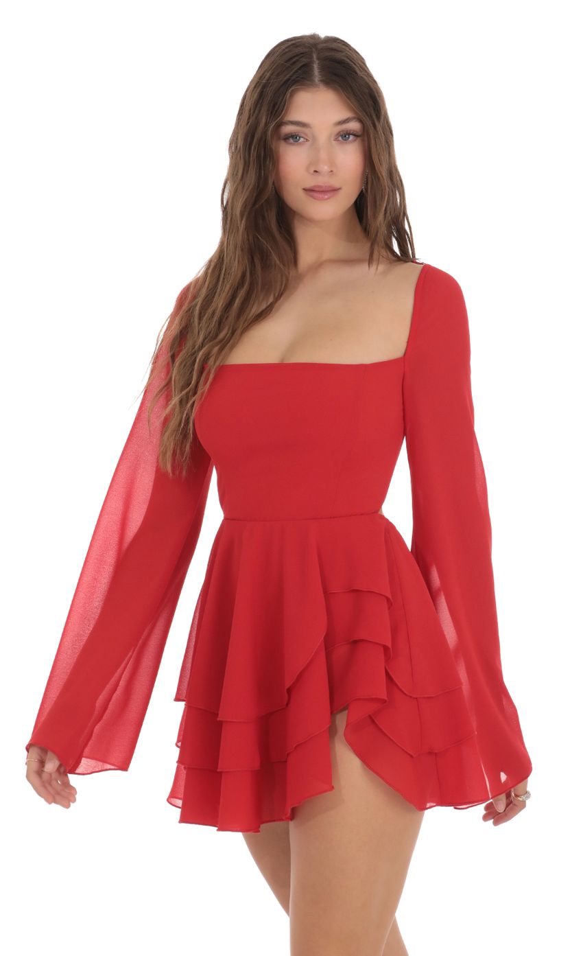 Chiffon Bell Sleeve Dress in Red - luluinthesky