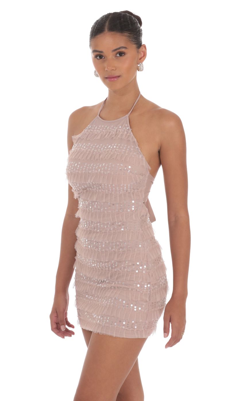 Sequin Ruffle Halter Bodycon Dress in Mauve - luluinthesky