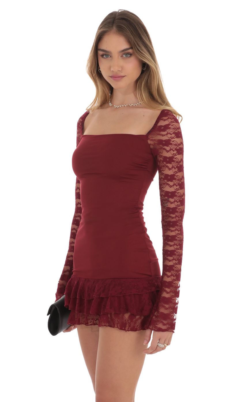 Lace Ruffle Bodycon Dress in Maroon - luluinthesky
