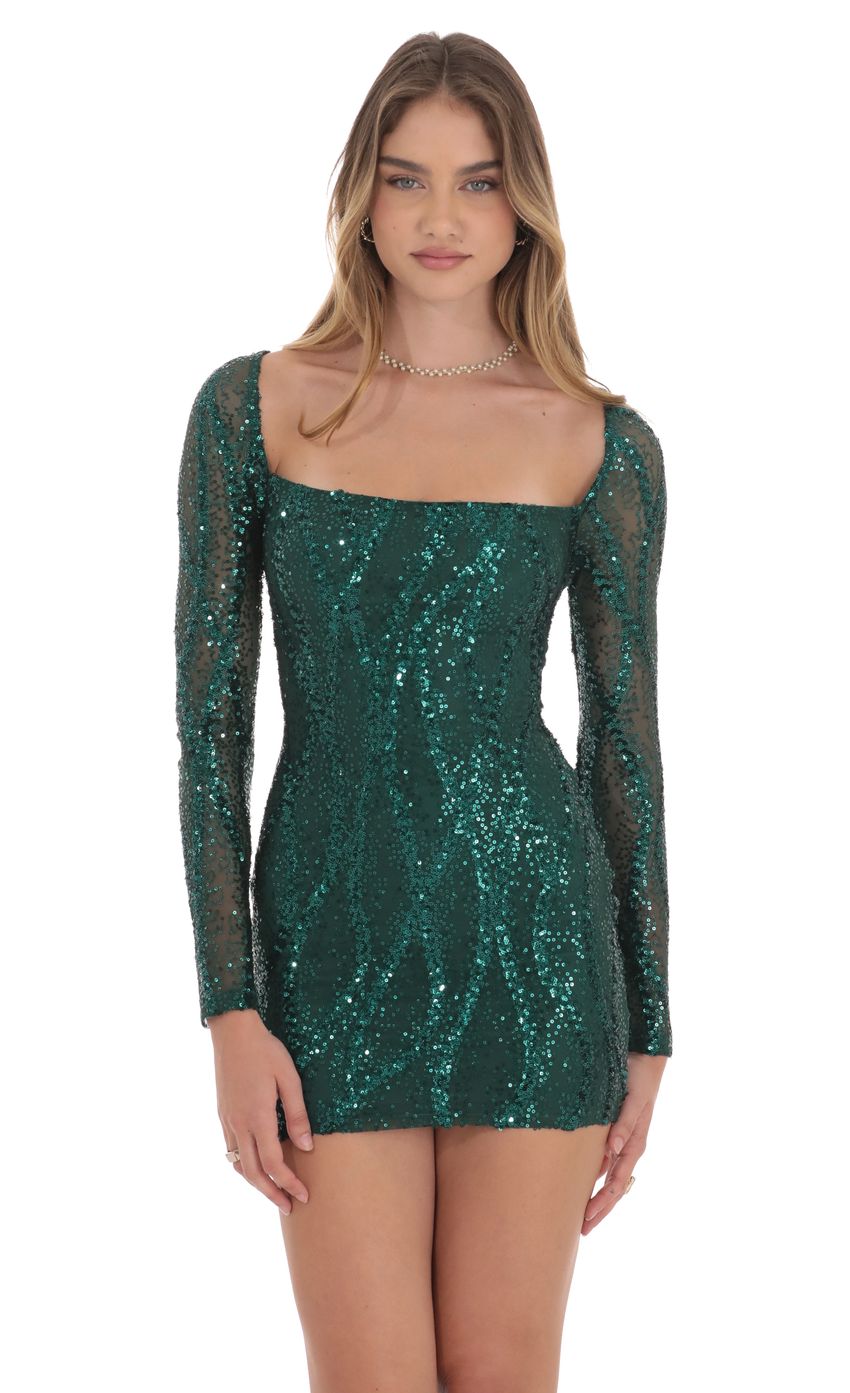 Sequin Long Sleeve Dress in Green - luluinthesky
