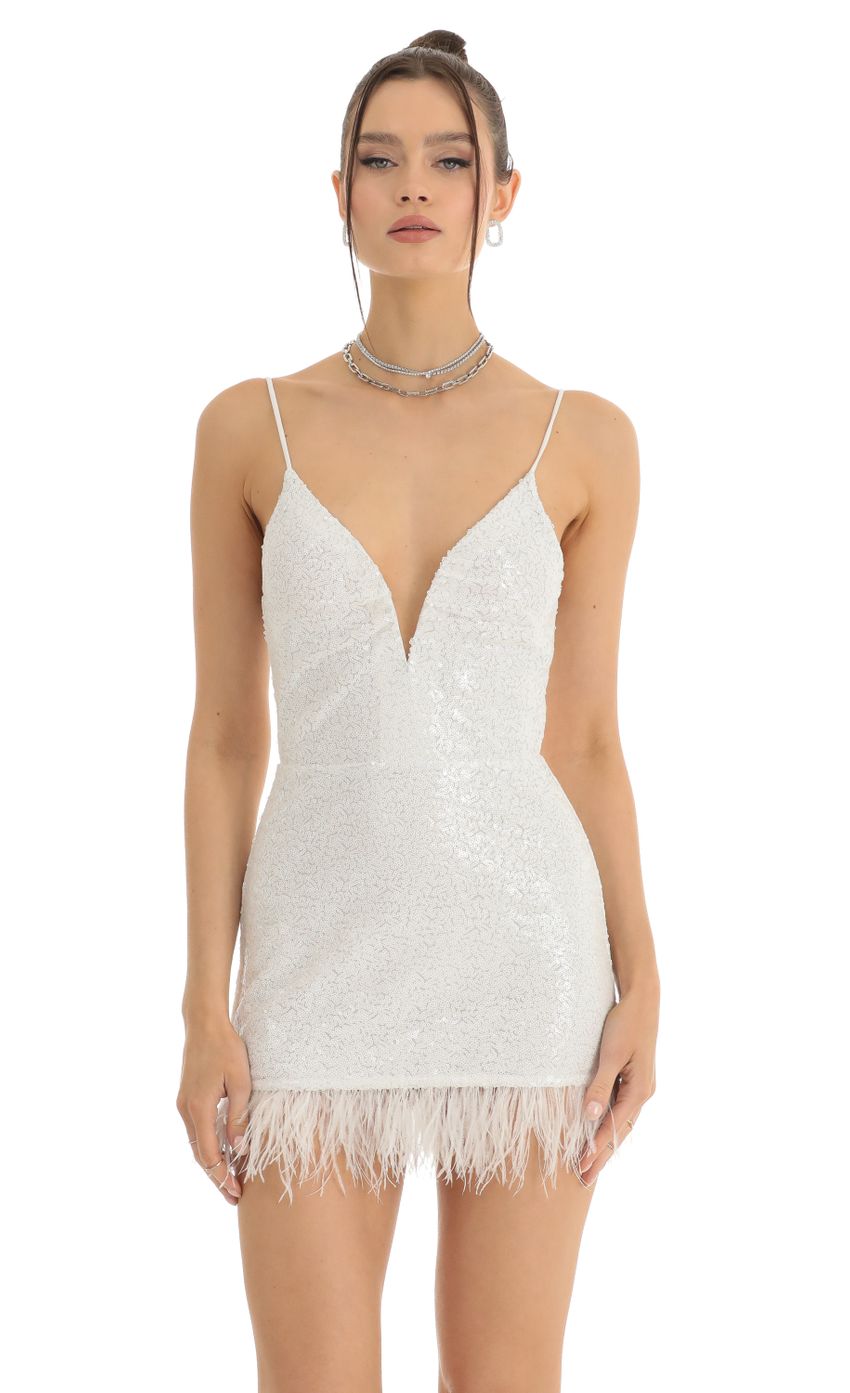 Sequin Feather Fringe Bodycon Dress in White - luluinthesky