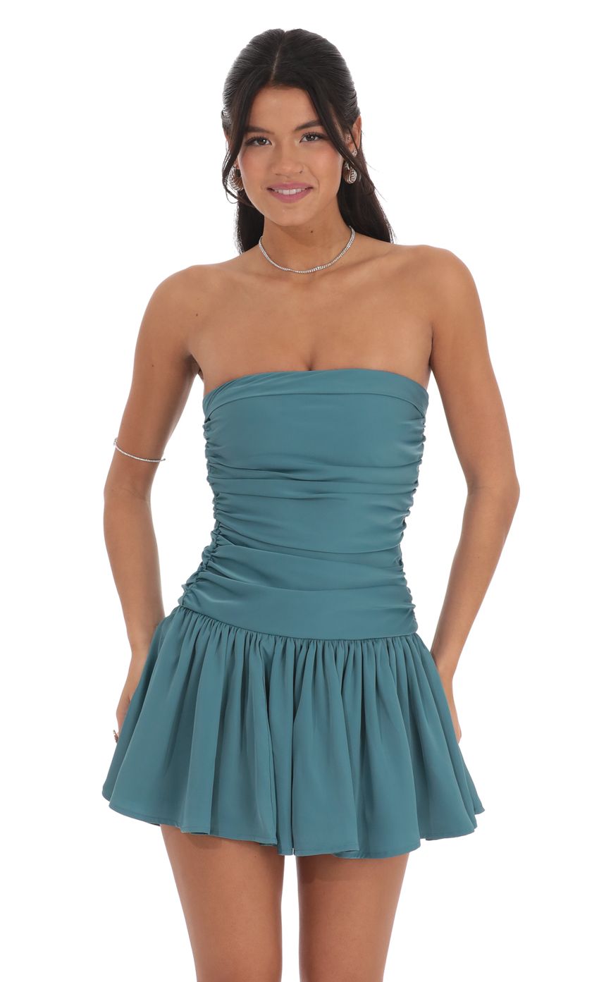 Strapless Ruched Flare Dress in Blue Teal - luluinthesky