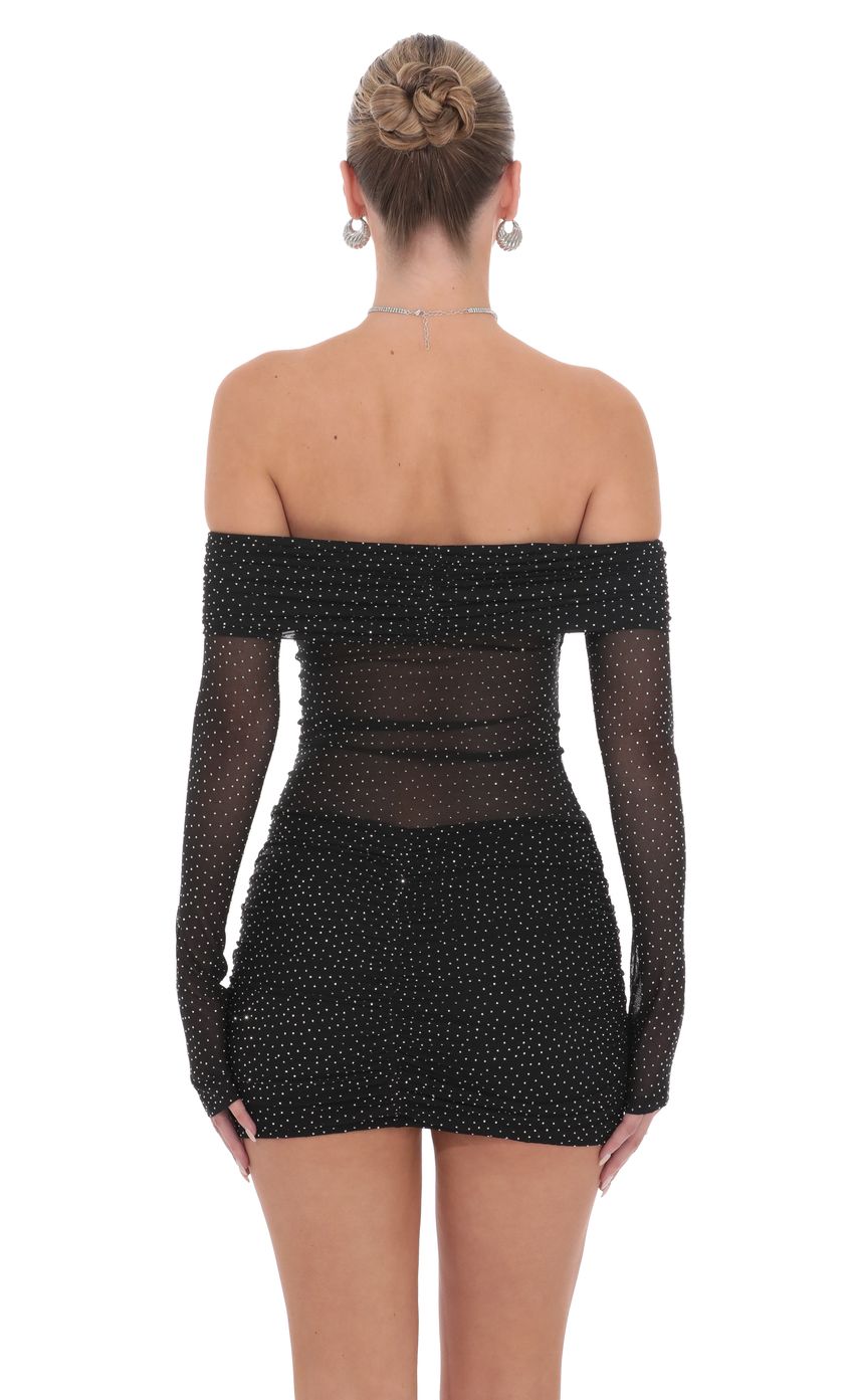Rhinestone Mesh Off Shoulder Dress in Black - luluinthesky