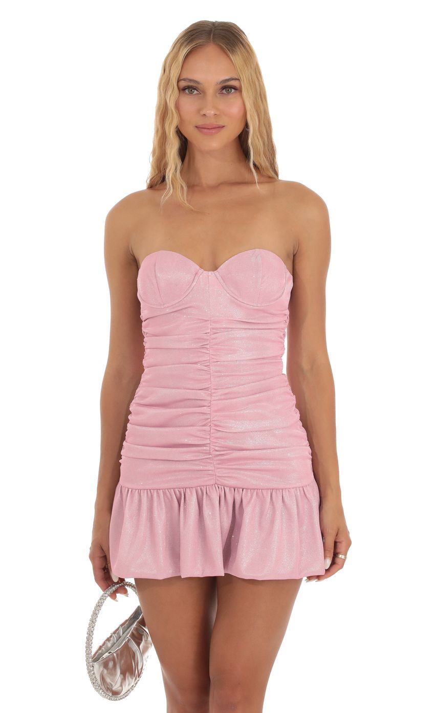 Shimmer Strapless Ruched Dress in Pink - luluinthesky