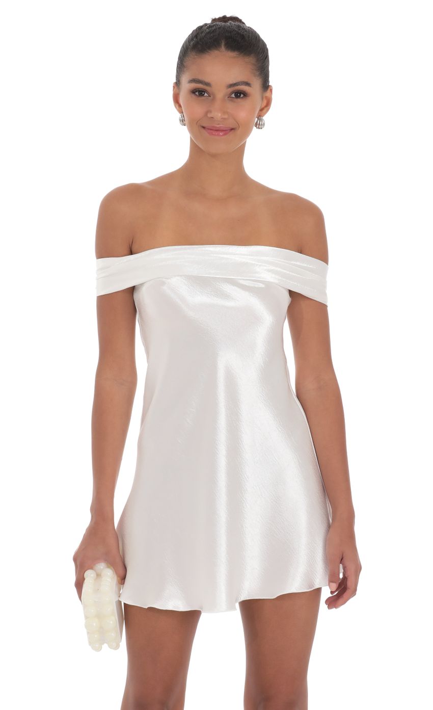 Satin Off Shoulder Dress in White - luluinthesky