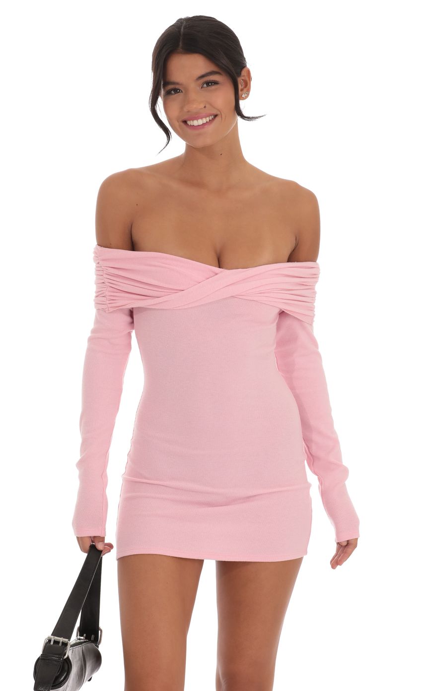 Twist Ribbed Off Shoulder Sweater Dress in Pink - luluinthesky