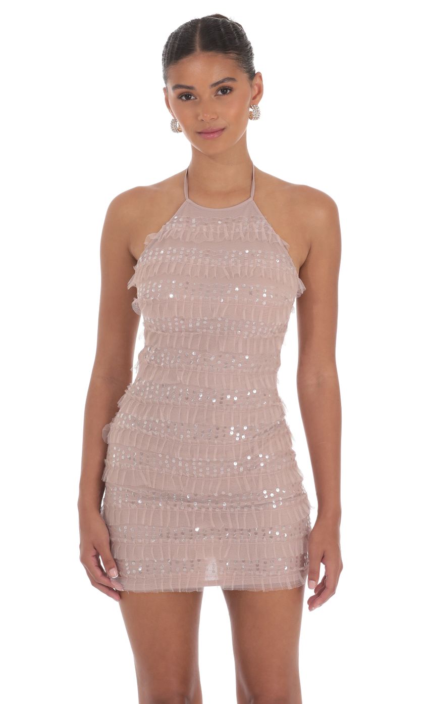 Sequin Ruffle Halter Bodycon Dress in Mauve - luluinthesky