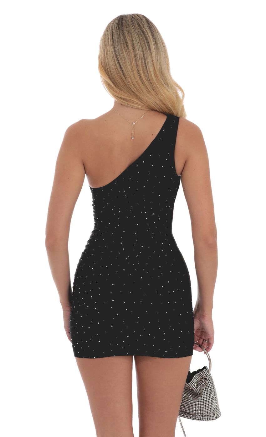 Rhinestone One Shoulder Dress in Black - luluinthesky
