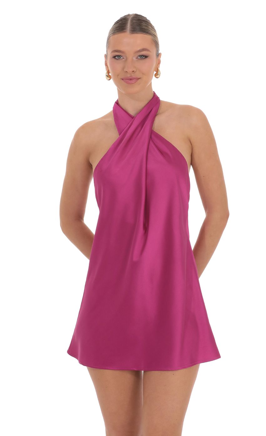 Satin Cross Halter Dress in Magenta - luluinthesky