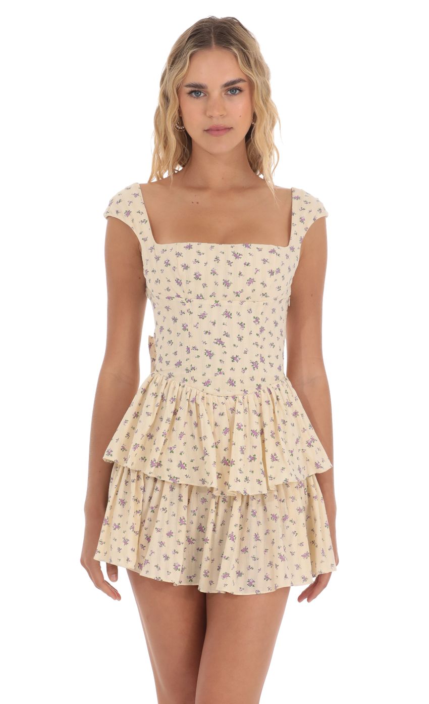 Floral Ruffle Capped Sleeve Dress in Yellow - luluinthesky