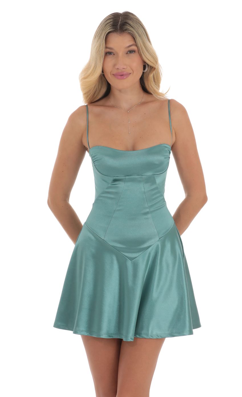 Satin V-Drop Waist Dress in Slate Green - luluinthesky