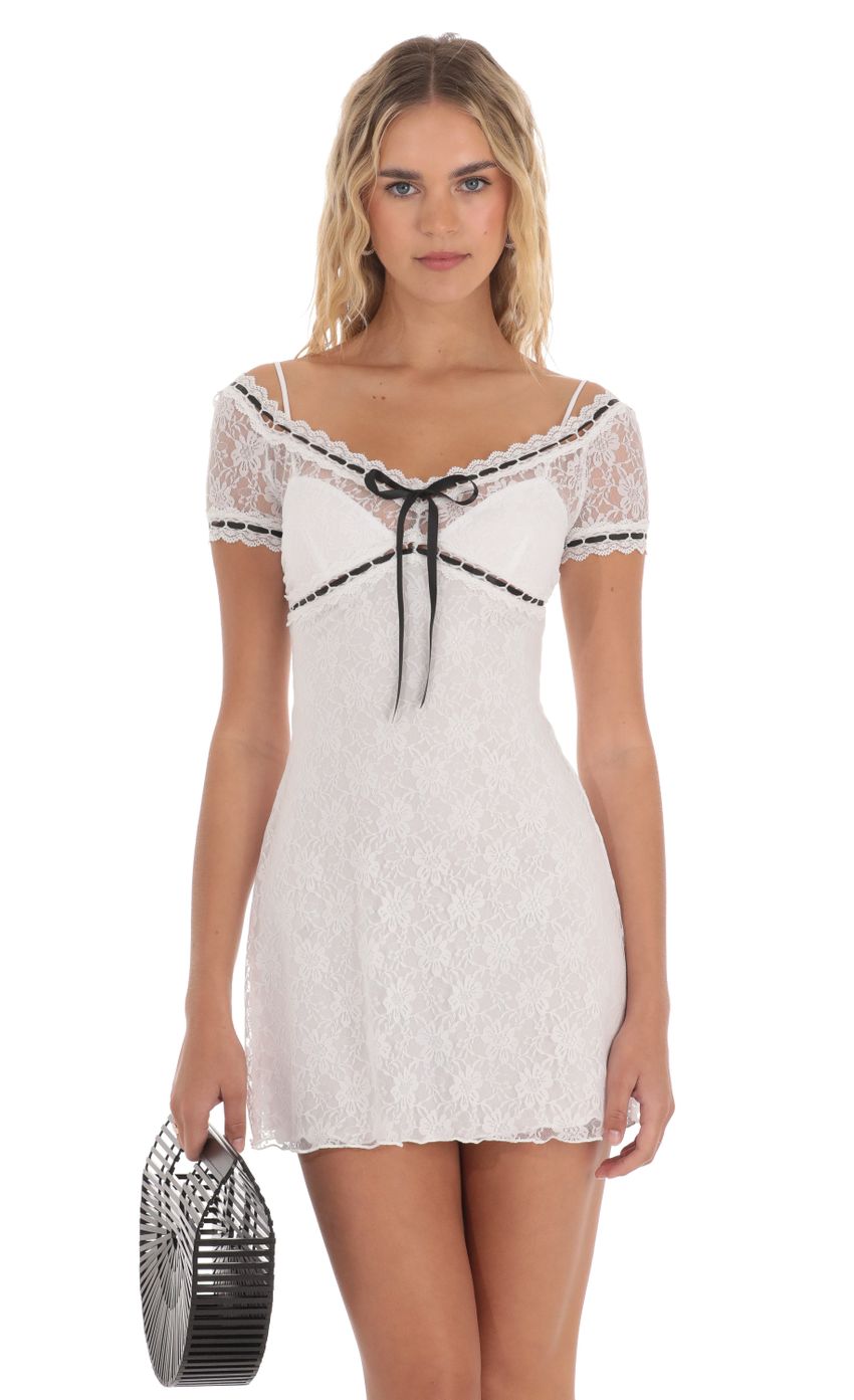 Black Ribbon Lace Dress in White - luluinthesky