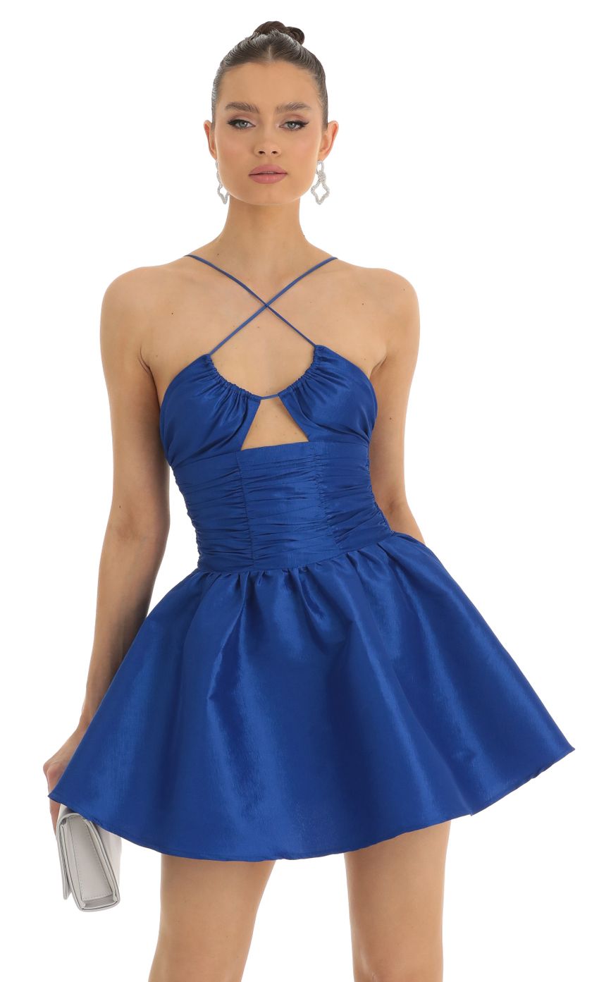 Satin Ruched Front Cross Dress in Blue - luluinthesky