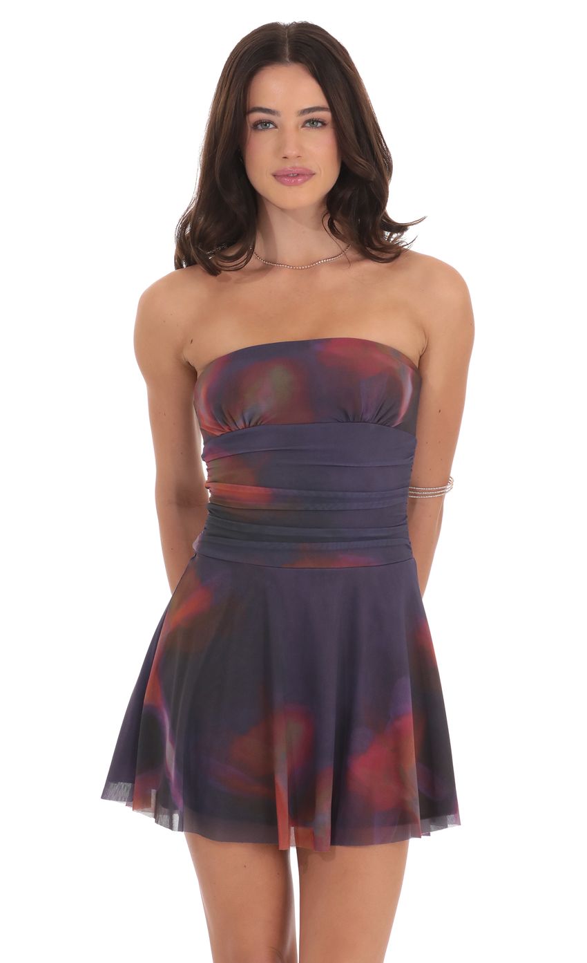 Mesh Print Fit and Flare Dress in Purple - luluinthesky