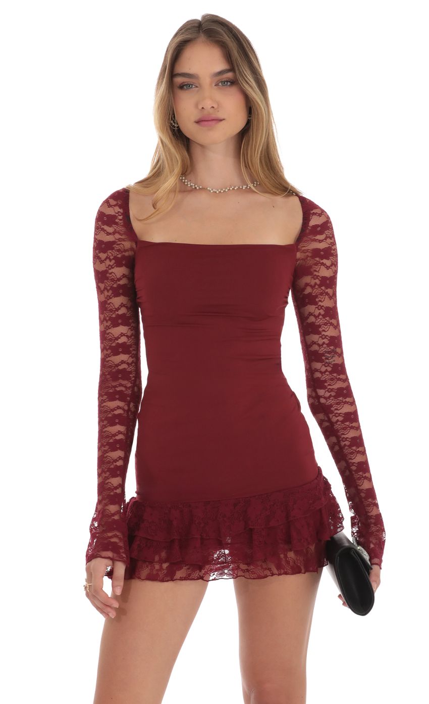 Lace Ruffle Bodycon Dress in Maroon - luluinthesky