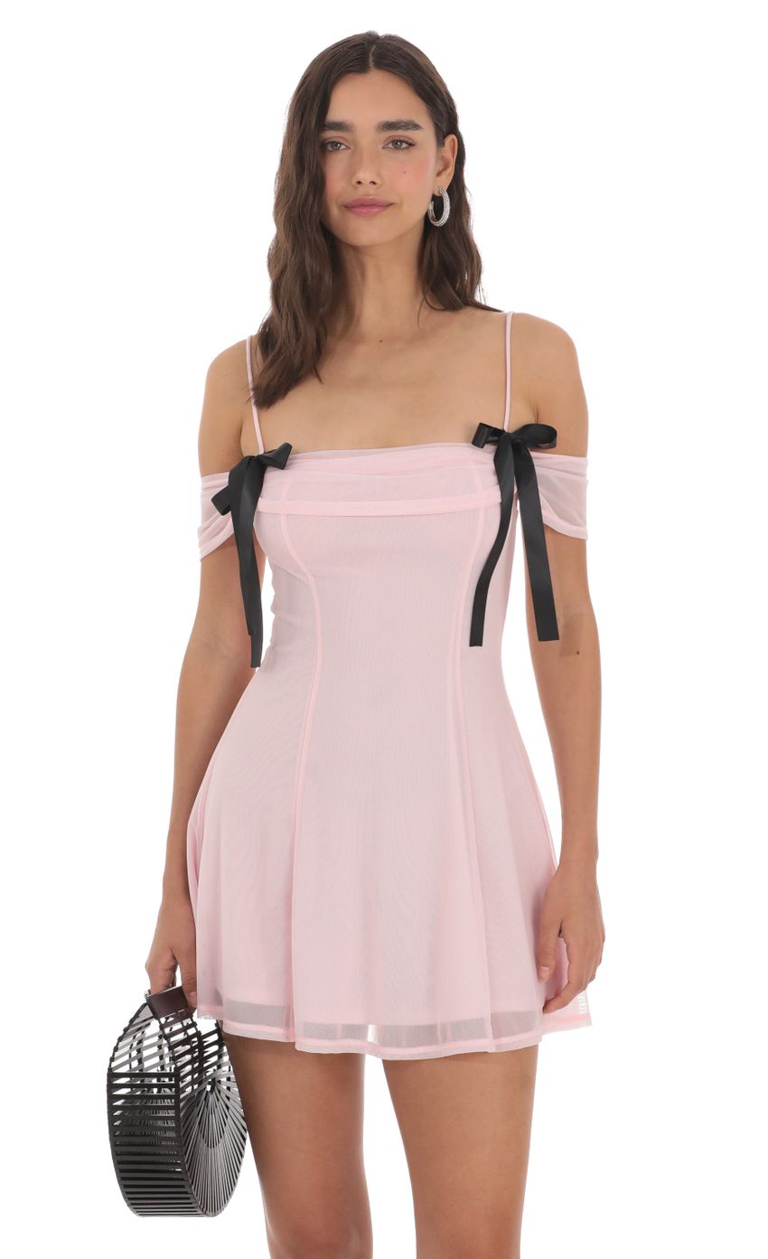 Mesh Off Shoulder Dress in Pink - luluinthesky