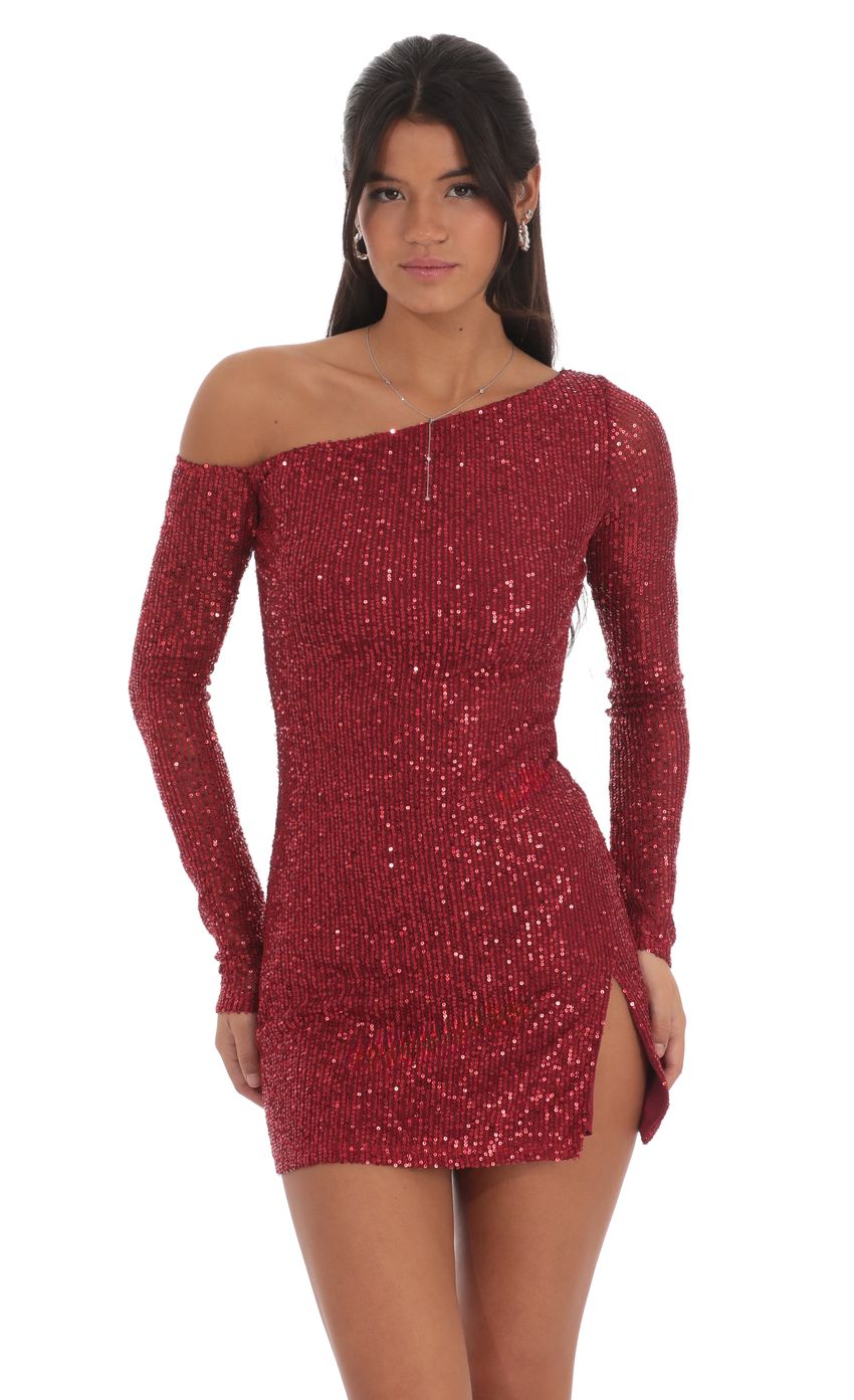 Sequin One Off Shoulder Bodycon Dress in Red - luluinthesky