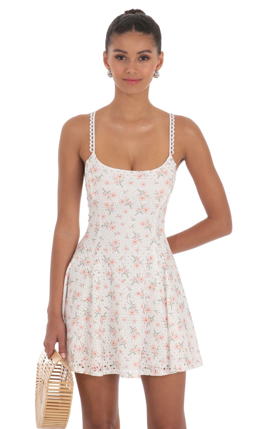 Floral Strap Crossback Fit and Flare Dress in White - luluinthesky