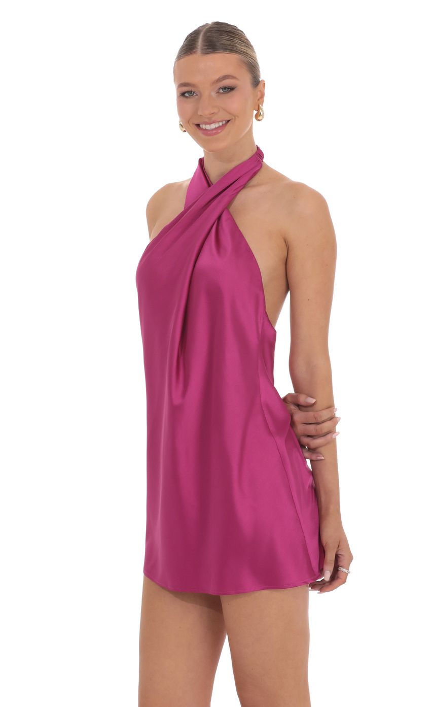 Satin Cross Halter Dress in Magenta - luluinthesky