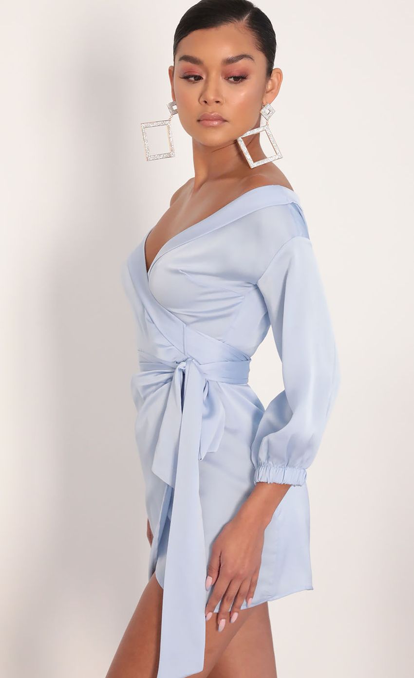 Lorella Off Shoulder Wrap Dress in Dusty Blue - luluinthesky