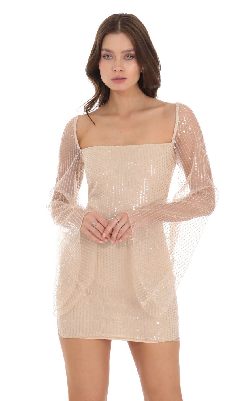 Tulle Sequin Flare Sleeve Dress in Champagne - luluinthesky