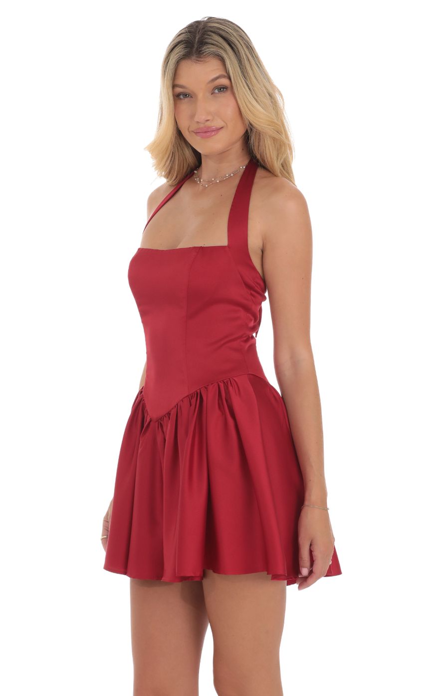 Satin Halter A-line Dress in Red - luluinthesky