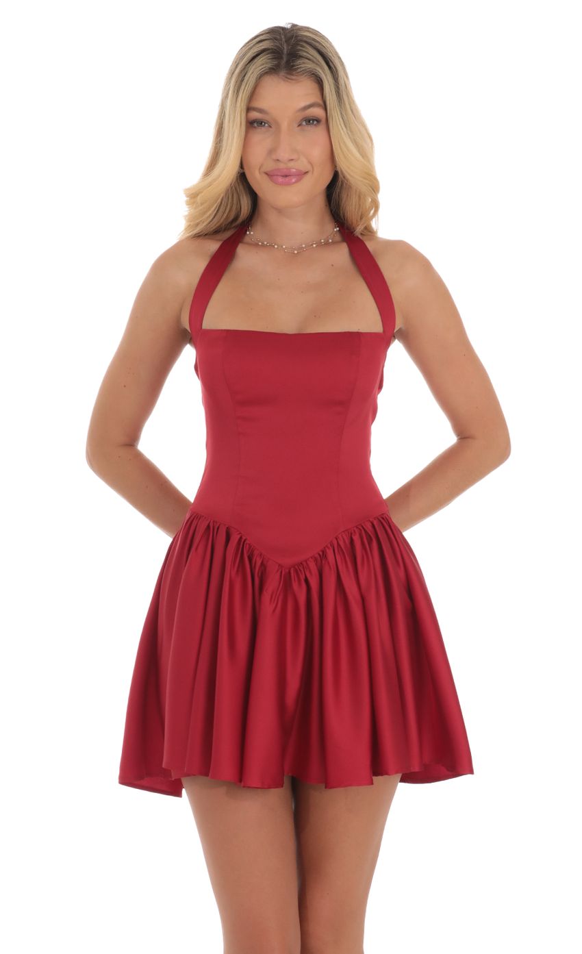 Satin Halter A-line Dress in Red - luluinthesky