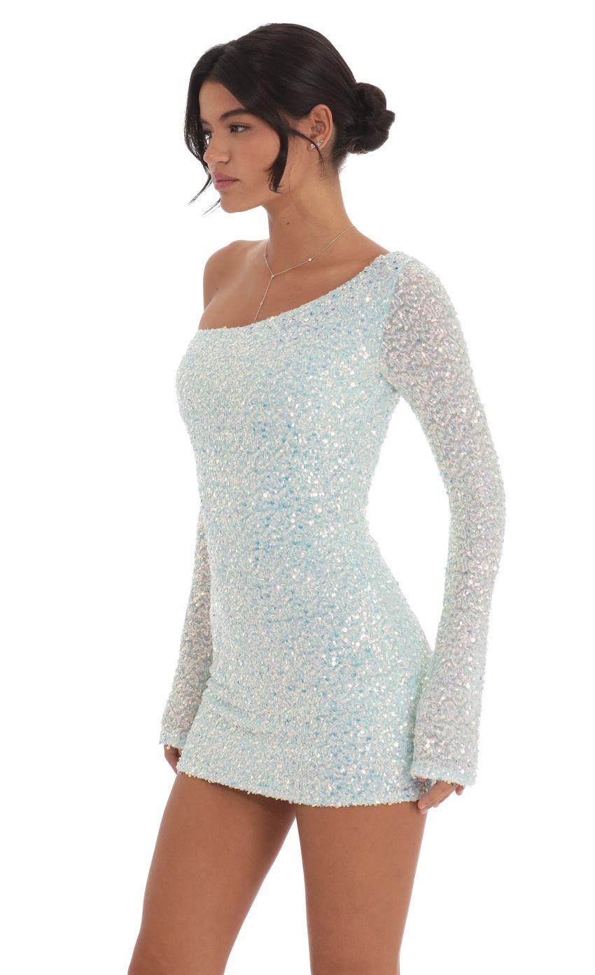 Sequin One Shoulder Bodycon Dress in Mint Blue - luluinthesky