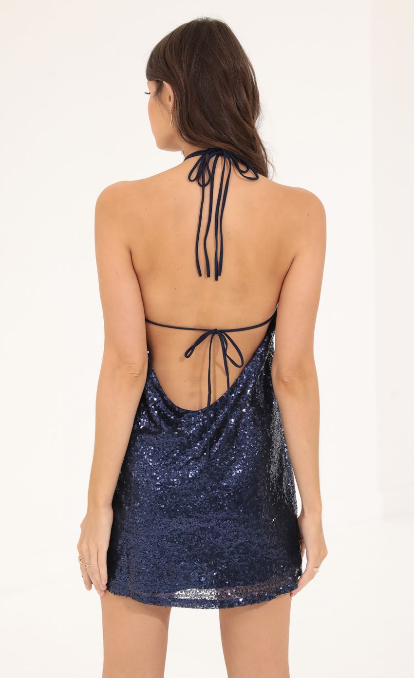 Sequin Halter Dress in Blue - luluinthesky