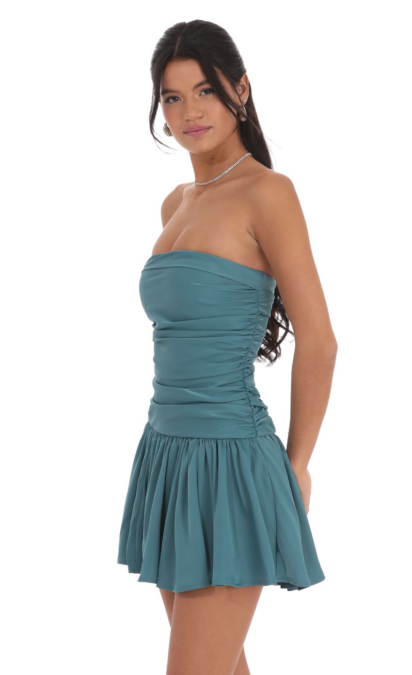 Strapless Ruched Flare Dress in Blue Teal - luluinthesky
