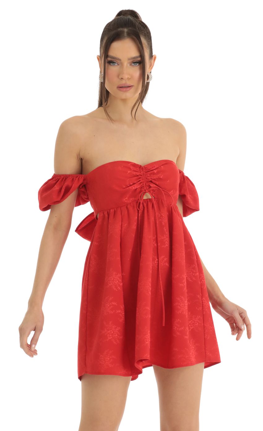 Jacquard Puff Sleeve Baby Doll Dress in Red - luluinthesky
