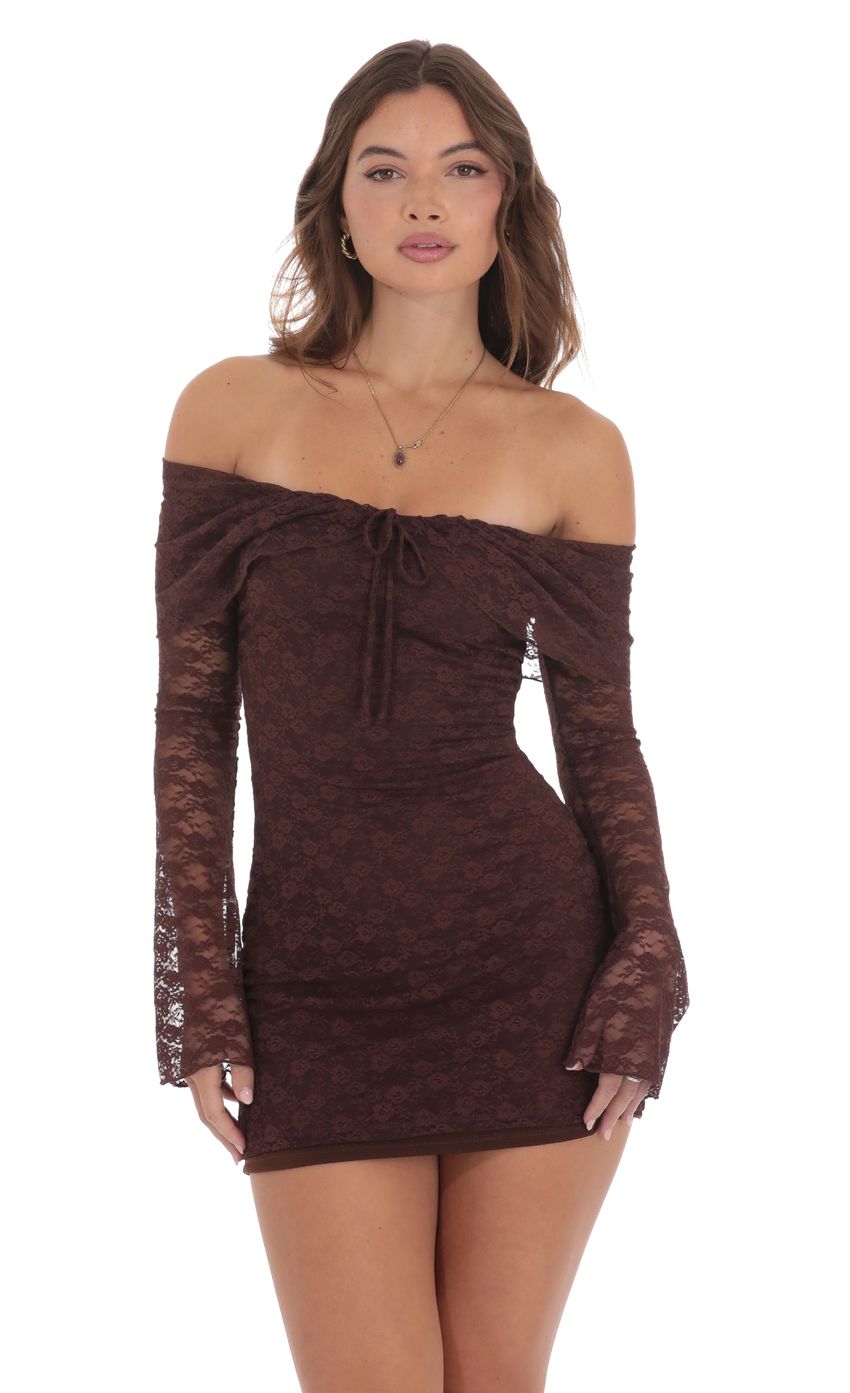 Lace Draped Off Shoulder Dress in Brown - luluinthesky