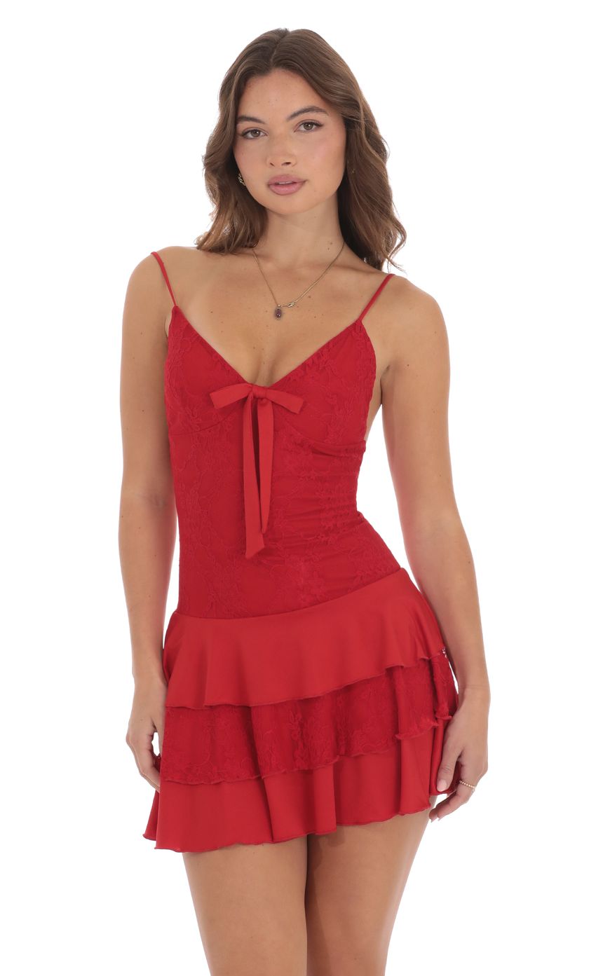 Lace Ruffle Bow Dress in Red - luluinthesky