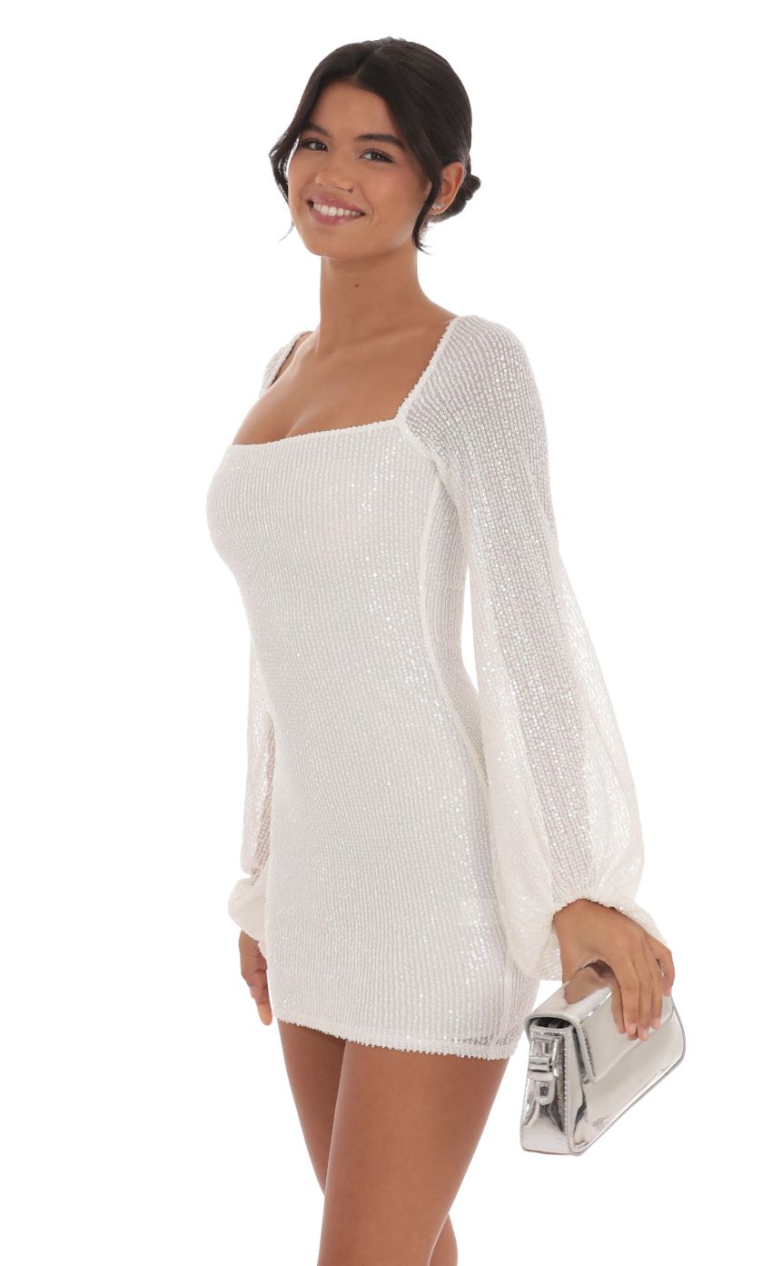 Sequin Balloon Sleeve Dress in White - luluinthesky