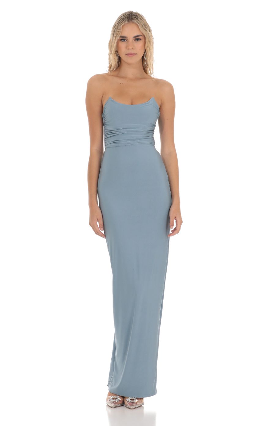 Strapless Corset Sequin Butterfly Maxi Dress in Blue - luluinthesky