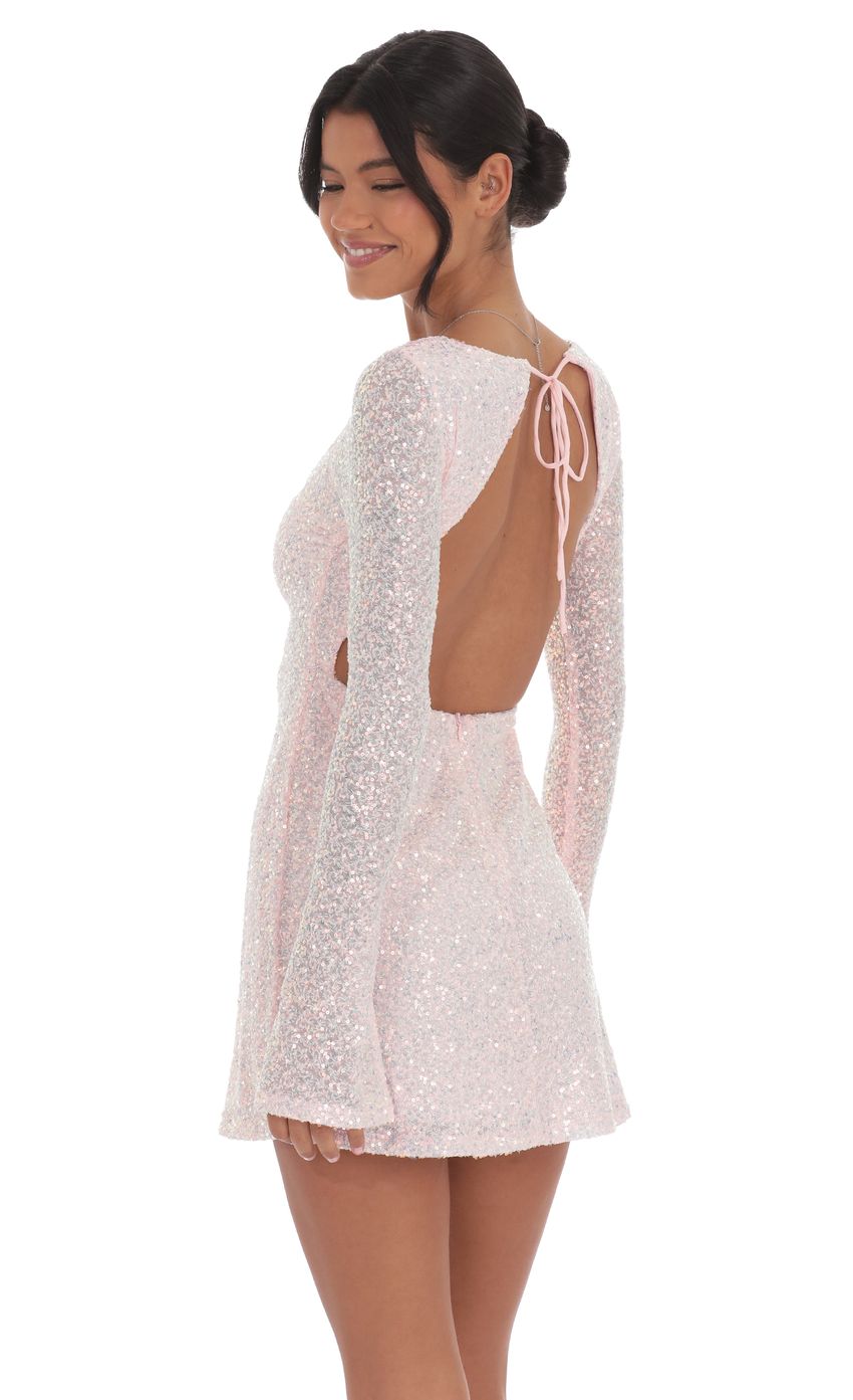 Sequin Long Sleeve Open Back Dress in Pink - luluinthesky