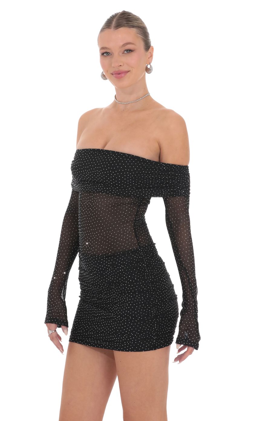 Rhinestone Mesh Off Shoulder Dress in Black - luluinthesky