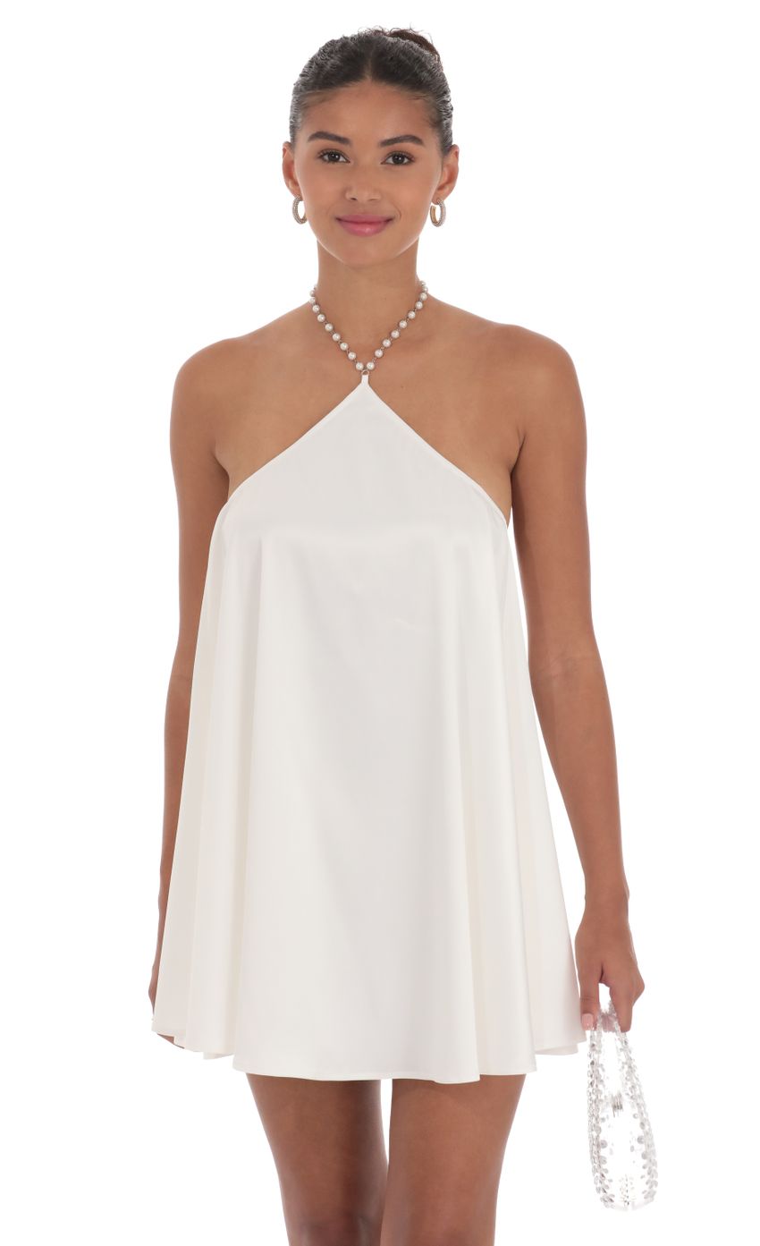 Pearl Halter Shift Dress in White - luluinthesky