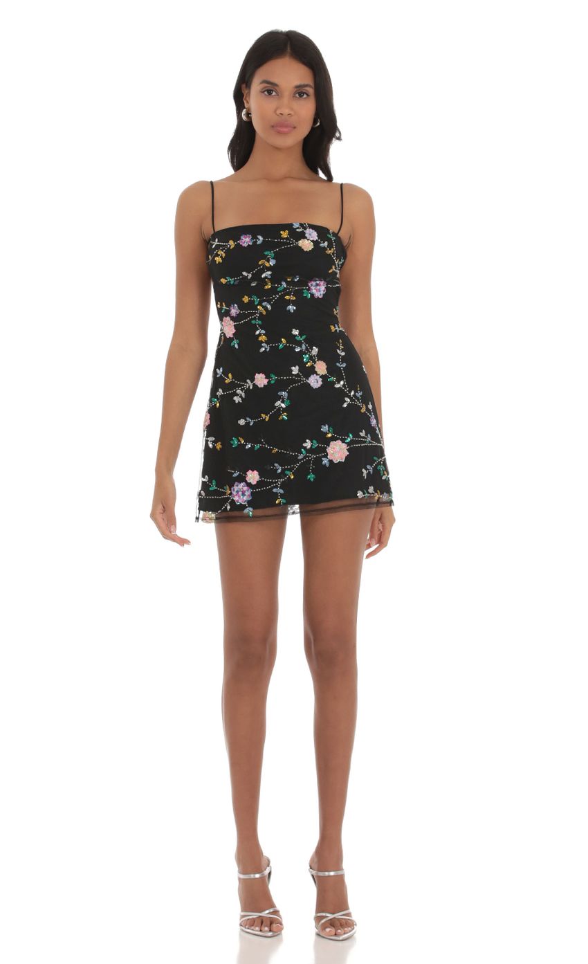 Floral Sequin Dress In Black - luluinthesky